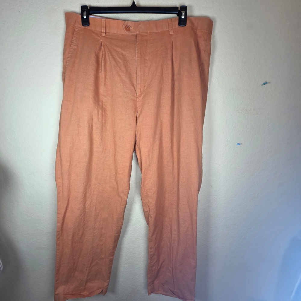 Steve Harvey Celebrity Mens coastal rust Orange Linen Cotton Pleated Pants